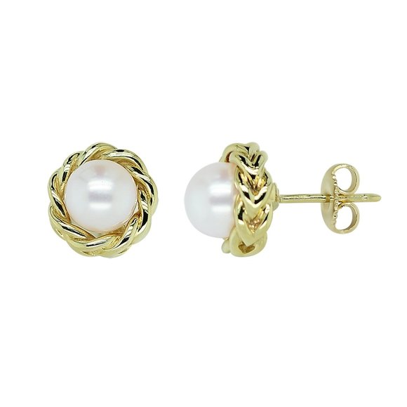 18K Yellow Gold Twisted Rope Pearl Earrings